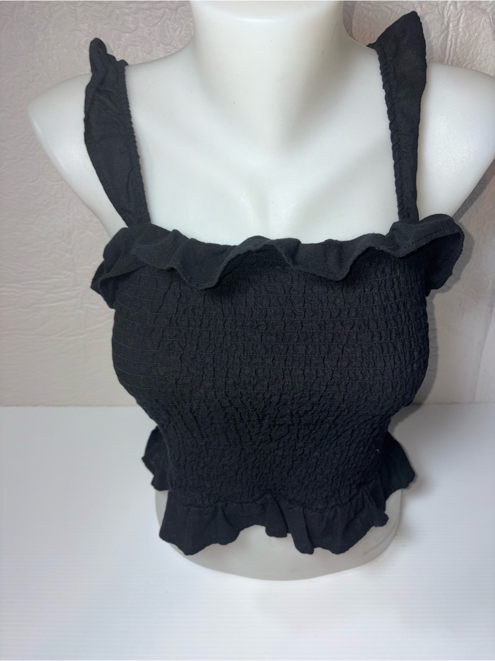 Aeropostale Black Smocked Ruffle Crop Cami